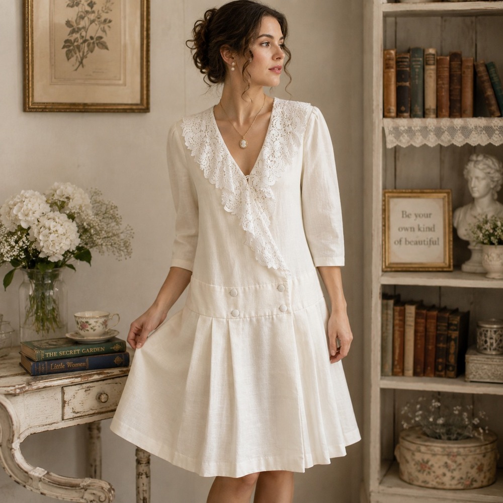Vintage Lace Collar Drop Waist Dress 10 Ivory Pleated New Romantic Classic Prep
